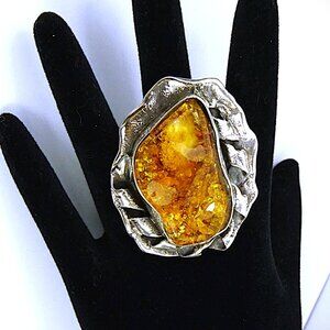 BOLD BALTIC AMBER 925 SILVER ADJUSTABLE RING HUGE!